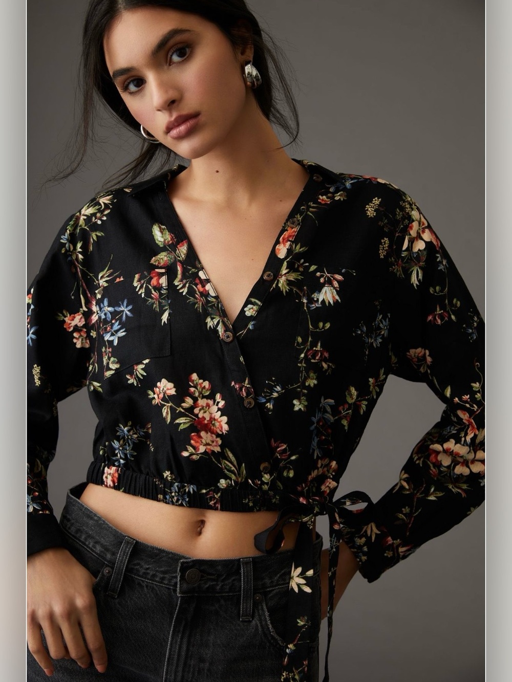 Pilcro Black Floral Print Cropped Button Down Blouse Tie Waist Boho Top